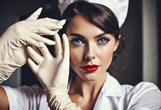 Instagram photo of 26 y.o sexy nurse, putting on rubber gloves, perfect detailed eyes, natural skin, hard shadows, film grain, style by J.C. Leyendecker. Canon 5d Mark 4, Kodak Ektar, 35mm