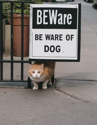 Candid Street photo of a cat hiding behind a sign that says "Beware of dog"