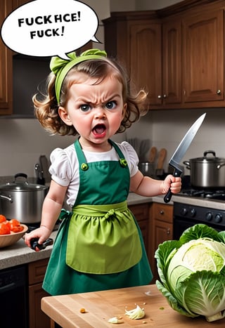 Baby girl, 4 yo,  dressed as housewife, apron, angry kitchen, big knife furiously attacks a head of cabbage,  Comic strip speech bubble says "FUCK". 