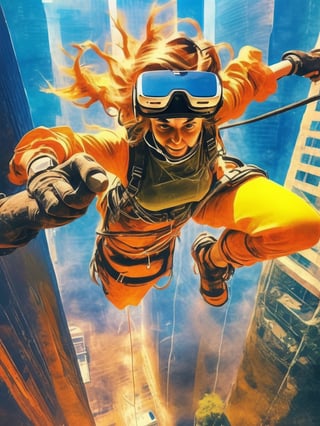 Woman, wearing VR headset  rappelling down a skyscraper,