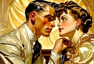 Art by J.C. Leyendecker. Closeup of a couple staring intensely at each other.