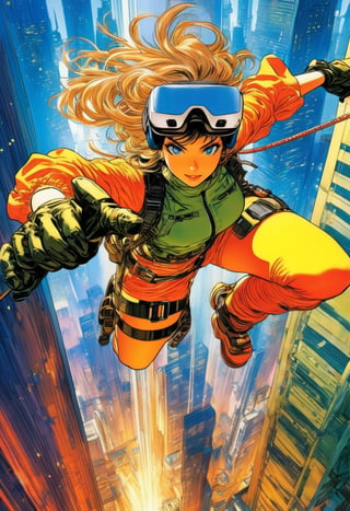 Anime Network,  woman, wearing VR headset and translucent thermal Camouflage, rappelling down a skyscraper,  art by Masamune Shirow,  art by J.C. Leyendecker. Anime artwork,  anime style,  key visual,  vibrant,  studio anime,  highly detailed.