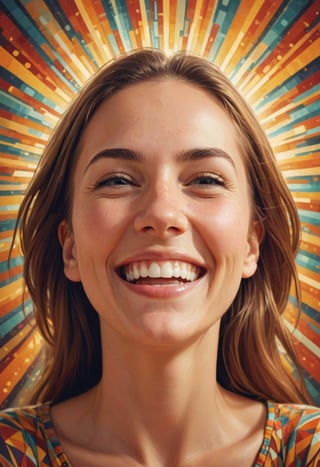 Digital artwork.  A woman smiling joyfully, her face is made of radiating abstract geometric patterns of light 