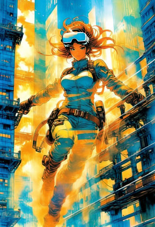 Anime Network,  woman, wearing VR headset and translucent thermal Camouflage, rappelling down a skyscraper,  art by Masamune Shirow,  art by J.C. Leyendecker. Anime artwork,  anime style,  key visual,  vibrant,  studio anime,  highly detailed.