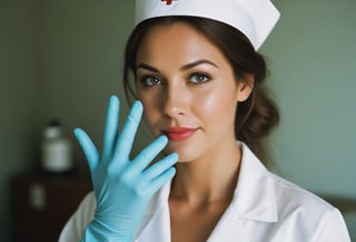 Instagram photo of 26 y.o sexy nurse, putting on rubber gloves, perfect detailed eyes, natural skin, hard shadows, film grain, style by J.C. Leyendecker. Canon 5d Mark 4, Kodak Ektar, 35mm