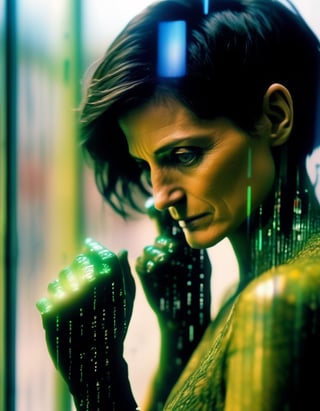 Cinematic photo full body, [:(1 woman glitching, falling green matrix code glyphs, shattering skin, computer glitch effect:2.1):0.15] cyberpunk Trinity (Matrix), Carrie-Anne Moss, short hair, inside a telephone call box , (facing the viewer:1.3), (right hand to the viewer against the glass:5), (left hand holding corded telephone receiver next to ear:2.0) . 35mm photograph, film, bokeh, professional, 4k, highly detailed . 35mm photograph, film, bokeh, professional, 4k, highly detailed