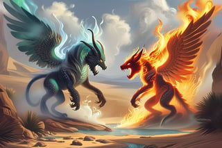 Fantasy painting of two mythical creatures fighting in a desert oasis. One is made of flowing water. The other is made of flaming fire. There is steam is between them.