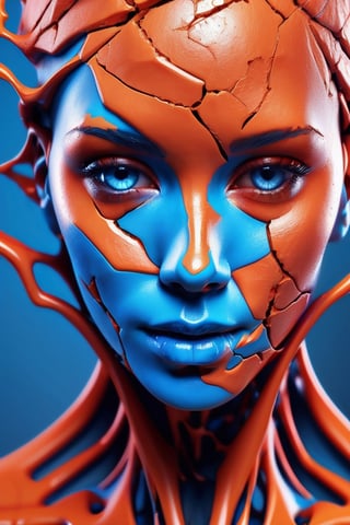 a close up of a person's face on a cracked surface, inspired by Alberto Seveso, featured on zbrush central, orange fire/blue ice duality!, portrait of an android, fractal human silhouette, red realistic 3 d render, blue and orange, subject made of cracked clay, woman, made of lava