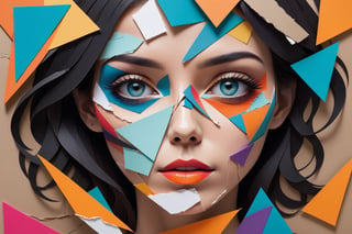 An abstract representation of a woman's face, with geometric shapes and torn, colorful paper, focusing on her vivid eyes.