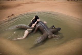 A fluid fire creature fighting a fluid water creature in a desert oasis. They steam where touching each other.