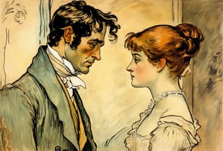 Art by Toulouse-Lautrec. A couple staring intensely at each other.  Elizabeth Bennet and Mr. Darcy from Pride and Prejudice