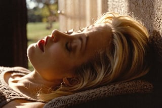 lith_argenta_bromBN1W cinematic film still of a patterned illumination casting a tree branch shadow a blonde woman, sleeping peacefully in the morning sunlight. The golden rays stream through a window, casting gentle shadows around her face, accentuating her full red lips and soft features