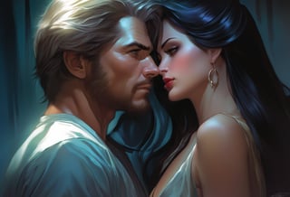 Art by Artgerm. A couple staring intensely at each other.