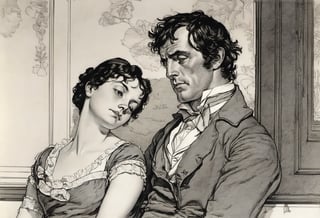 Art by Norman Rockwell. A couple staring intensely at each other.  Elizabeth Bennet and Mr. Darcy from Pride and Prejudice