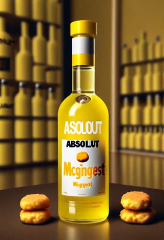 Photo of A bottle of yellow vodka with label  "ABSOLUT MCNUGGET"