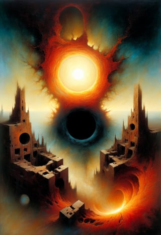 Abstract painting of the sun, black hole in the middle,  rising over a ruined city, art by Beksinski