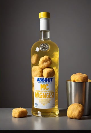 Photo of A bottle of yellow vodka with label  "ABSOLUT MCNUGGET"