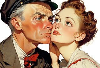 Art by Norman Rockwell. Closeup of a couple staring intensely at each other.