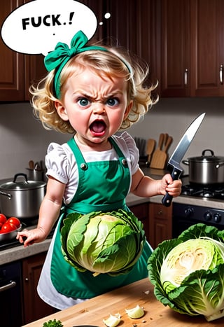 Baby girl, 4 yo,  dressed as housewife, apron, angry kitchen, big knife furiously attacks a head of cabbage,  Comic strip speech bubble "FUCK". 