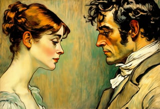 Art by Toulouse-Lautrec. A couple staring intensely at each other.  Elizabeth Bennet and Mr. Darcy from Pride and Prejudice