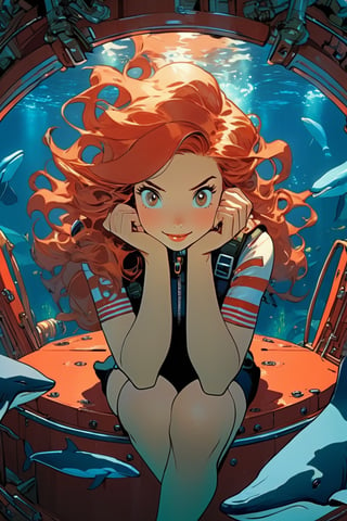 Anime artwork, Girl, red head, sitting beside a large port hole, inside a submarine, underwater scene, whales, art by J.C. Leyendecker . anime style, key visual, vibrant, studio anime, highly detailed,ClassipeintXL,LaxpeintXL