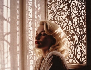 lith_argenta_bromBN1W cinematic film still of a patterned illumination casting a tree branch shadow a blonde woman, sleeping peacefully in the morning sunlight. The golden rays stream through a window, casting gentle shadows around her face, accentuating her full red lips and soft features