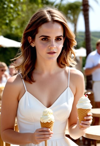 Photo Emma Watson, long hair, eating ice cream, white spaghetti strap summer dress