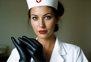 Instagram photo of 26 y.o sexy nurse, putting on rubber gloves, perfect detailed eyes, natural skin, hard shadows, film grain, style by J.C. Leyendecker. Canon 5d Mark 4, Kodak Ektar, 35mm