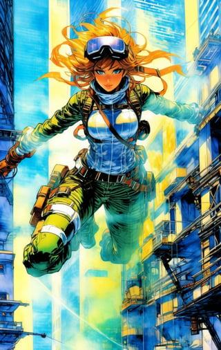 Anime Network,  woman, wearing VR headset and translucent thermal Camouflage, rappelling down a skyscraper,  art by Masamune Shirow,  art by J.C. Leyendecker. Anime artwork,  anime style,  key visual,  vibrant,  studio anime,  highly detailed.