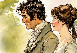 Art by E.H. Shepard. Closeup of a couple staring intensely at each other.  Elizabeth Bennet and Mr. Darcy from Pride and Prejudice