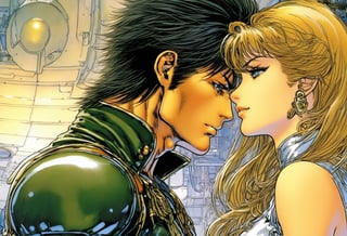 Art by Masamune Shirow. Closeup of a couple staring intensely at each other.