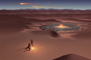 Fantasy painting of two mythical begins fighting in a desert oasis.  One  is made of flaming fire.  The other is made of fluid water. Steam is between them.