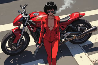 Anime style by Akira by Katsuhiro Otomo. Close-up overhead shot of a woman walking away from a futuristic motorcycle parked at a zebra crossing. She is smoking, has short black hair, dons a red suit, sunglasses, and holds a gun with a confident grip. The motorcycle itself is red, sleek and metallic, with intricate designs and a futuristic vibe.