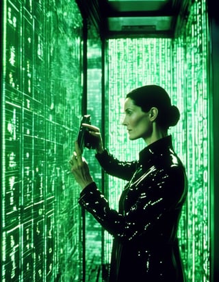 Cinematic Film Still. Carrie-Anne Moss as Trinity from The Matrix, holding a phone, inside a telephone call box,  falling green matrix code glyphs reflection on glass,  computer glitch effect