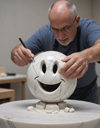 A sculptor chipping away at a emoticon made of marble