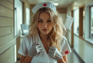 Closeup Photo of a blonde model dressed as a sexy nurse, taking off her rubber gloves at a hospital, shadows