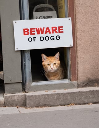 Candid Street photo of a cat hiding behind a sign that says "Beware of dog"