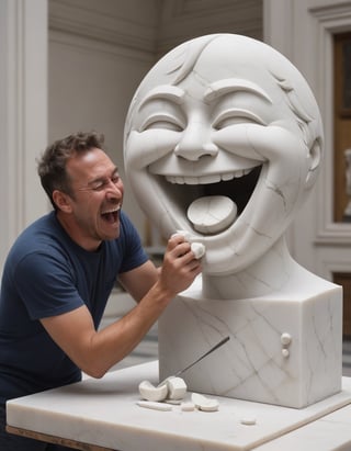 A sculptor chipping away at a laughing emoji made of marble