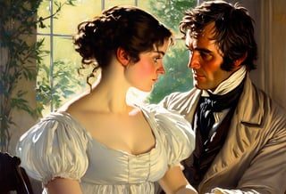 Art by Enrique Simonet. A couple staring intensely at each other.  Elizabeth Bennet and Mr. Darcy from Pride and Prejudice