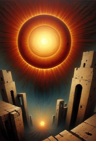 Abstract painting of the sun, black hole in the middle,  rising over a ruined city, art by Beksinski