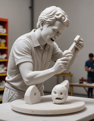 A sculptor chipping away at a emoji made of marble