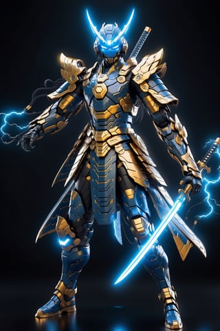 A Hi-Tech Samurai cyberpunk style blue black Shaktimaan suit, Custom design, shining body, glowing look, full shining suit, body, hues.,steampunk style,cyberpunk style,mecha, perfect custom Hi-Tech suit, holding glowing lightning sword, weapon master, ,xxmix_girl,Movie Still