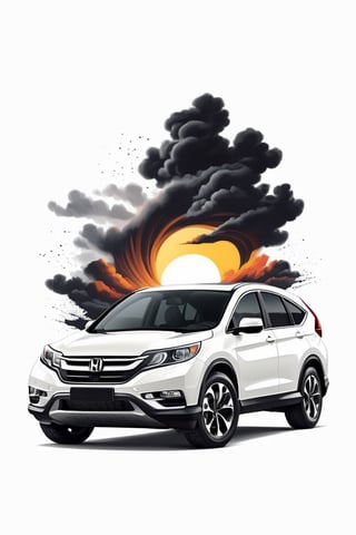 artwork of t-shirt graphic design, flat design ,black pearl HONDA CR-V ,dark night,smoke tires, highly detailed clean, photorealistic masterpiece, professional photography, simple sunrise backdrop , flat white background, ((white background)), black HONDA CR-V,90_mtv