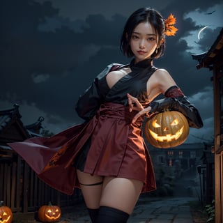 (best quality), (highly detailed), masterpiece, (official art),sumire kakei, creepy smile, short cute hair, ninja standby on Japanese castle, elbow gloves, bandages, black short skirt, show pussy,,Smoky makeup, upper body,small red wings on  back,looking at viewer, city, night, sky, (intricately detailed, hyperdetailed), blurry background,depth of field, best quality, masterpiece, intricate details, tonemapping, sharp focus,soft light on face, hyper detailed, trending on Artstation,1 girl, high res,red  ninja cloth, huge breast ,official art,halloween,pumpkin on ground,at night. full red moon,pumkin on everwhere.goast shadow flying,EpicArt,A Traditional Japanese Art,,1girl