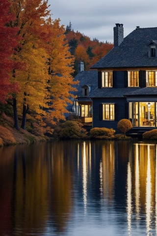 Masterpiece, ultra detail,realistic,  autumn, at night, small glass hunter house near big quite lake, reflection house,camera form lake , fall forest alround lake, far snow mountain,,extrem big wind, mountain,impressionism,fine art