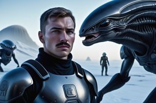 In a breathtaking photorealistic sci-fi image, a dashing young Russian man (((full body))), clad in an exquisite black star wars 1815-era army uniform, stands resolute outside amidst an alien landscape, his piercing gaze fixed intently on the horizon ((looks at something)). Frostbite has set in, with delicate ice crystals forming on his eyelashes and nose. The old army helmet sits atop his crew-cut hair, adding to his rugged determination. (((very big spaceship))),(((((alien slimy shiny bloated creatures)))))

The dramatic side lighting casts long shadows across the snow, accentuating every contour of his chiseled face: wide jaws, wide nose, high cheekbones, and full lips, all set off by a thick, dramatic moustache. His muscular physique is evident beneath the uniform as he stands firm against the elements ((full body visible)).