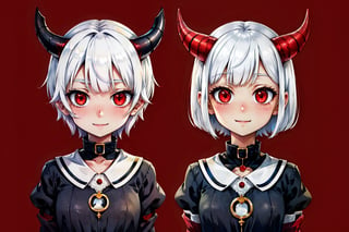 red_eyes happy collar_wearing high_quality white_hair short_person small_body horns
 full_body, Detailedface,Detailedeyes,DAGASI