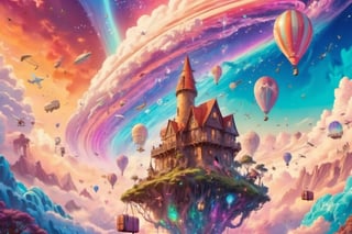 (Dreamscape in a Fantasy Art Style with Airbnb Branding),(various Airbnb listings float on clouds, each resembling a different dreamy environment like a castle, a beach hut, or a treehouse),(travel items like passports and suitcases bear Airbnb logos and are scattered across the clouds),(a sky filled with auroras, shooting stars, and fantasy creatures),(the scene invites viewers to dream about their next travel adventure),High detailed ,no_humans,Color magic,ColorART