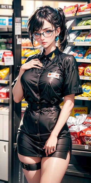 (best quality, highres:1.2), ultra-detailed, realistic, Nagara (Azure Lane), origin, Indomaret minimarket employee uniform, 1 girl, solo, outdoors, looking at the viewer, masterpiece, illustration