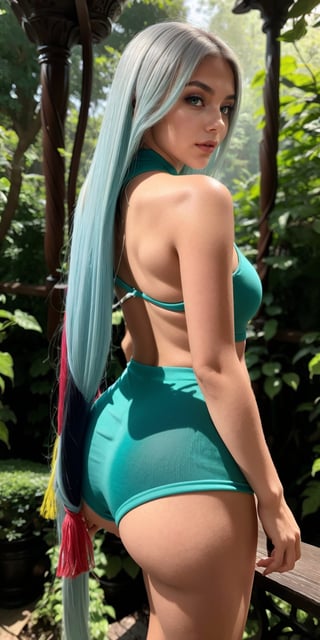 Full shot taken from behind of Jinx Maze-like petite girl standing amidst whimsical forest foliage. Her long straight white hair cascades down her back, with emerald green eyes and lashes glistening like gemstones. Smokey eyes and bold red lips create a striking contrast against the natural surroundings. Tiny cyan shorts, knee-high socks, and sneakers make up her casual attire, paired with a bright yellow crop top t-shirt. The camera's focus lingers on the tantalizing view from behind, capturing the subject's playful demeanor amidst the mystical forest setting.